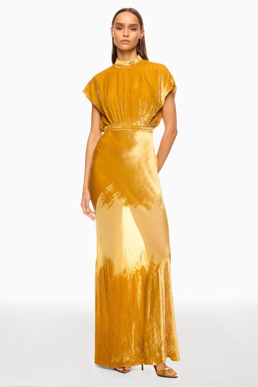 SALONI Gold Velvet High Neck Cinched Waist Cap Sleeves Fabienne Gown size US 0